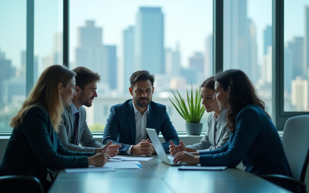 Oficina moderna con consultores estratégicos trabajando colaborativamente
