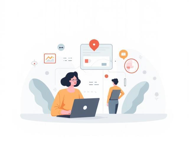 Ilustración de una persona con un teléfono y un ordenador, rodeada de elementos abstractos de comunicación y estrategia, representando la facilidad de contacto y soluciones.